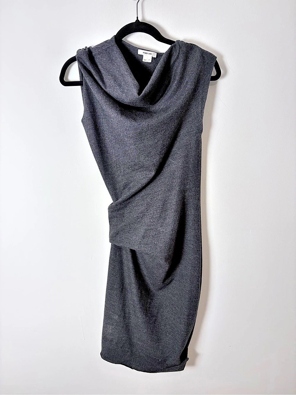 Helmut Lang Charcoal Gray Wool Cowl Neck Draped Dress P XS